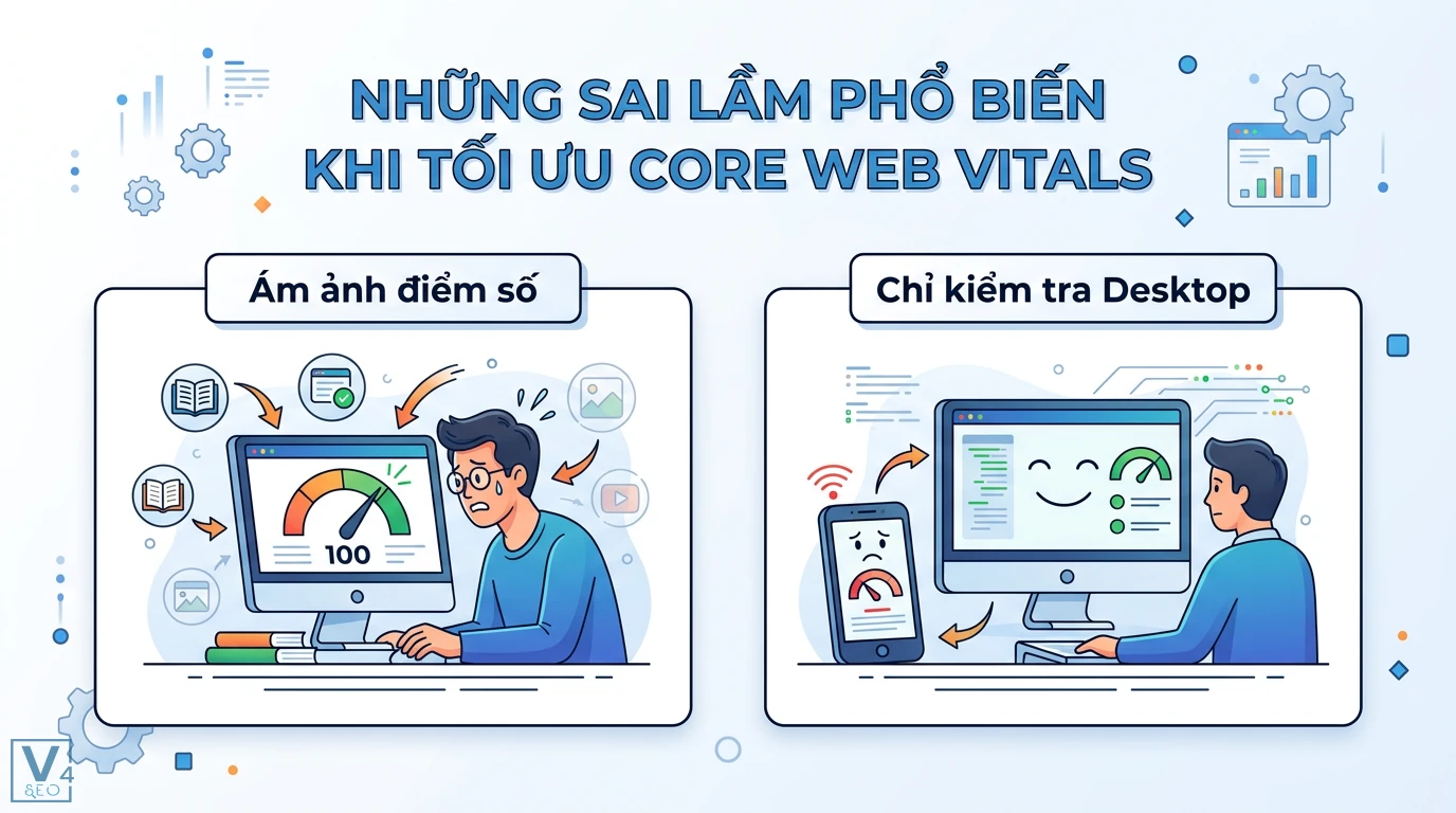 Phương pháp tối ưu nội dung theo bản cập nhật Google Core Web Vitals 3 Những sai lầm phổ biến khi tối ưu Core Web Vitals như ám ảnh điểm số 100 và chỉ kiểm tra Desktop thay vì tối ưu hóa hiệu suất di động