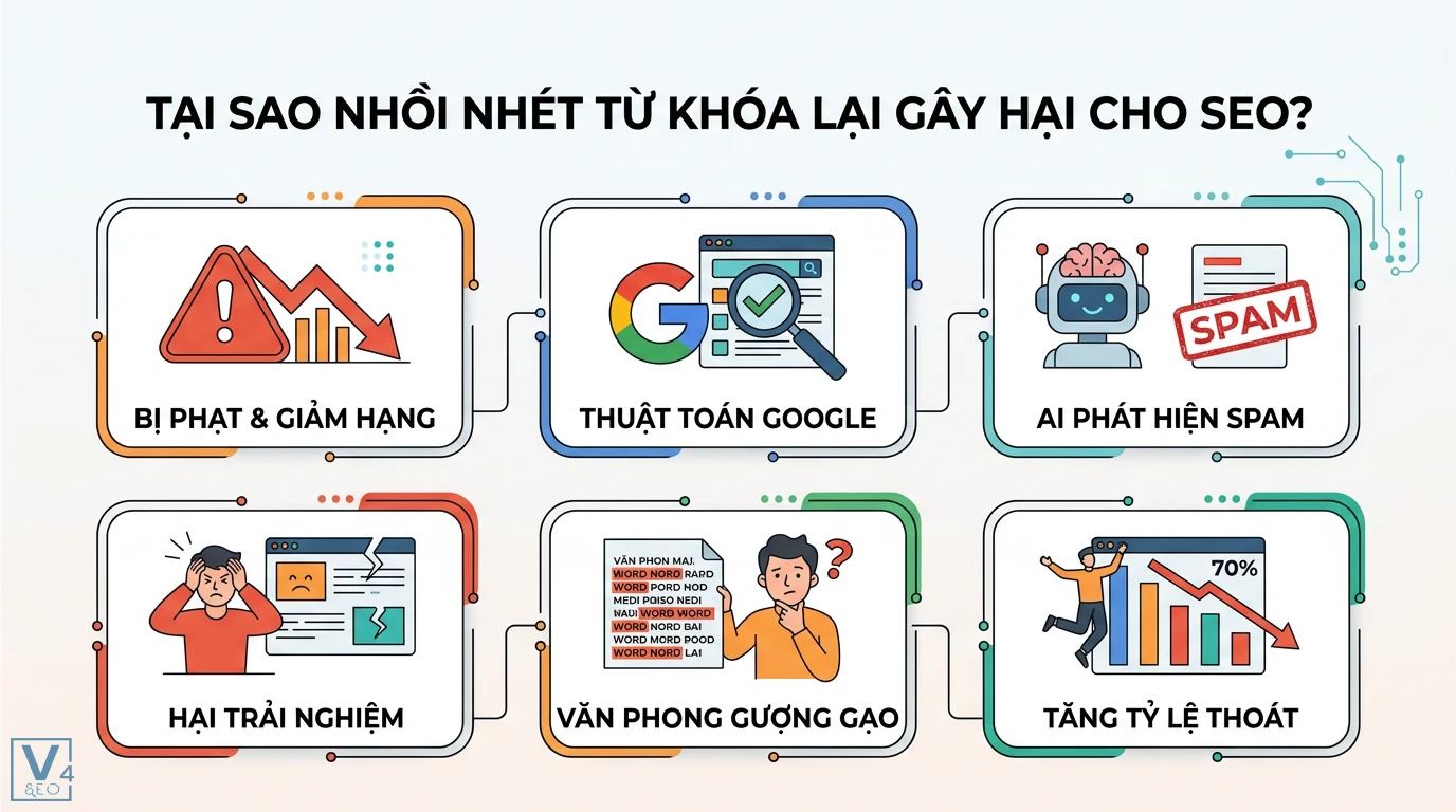 Phương pháp viết bài SEO mà không nhồi nhét từ khóa chuẩn ngữ nghĩa 1 Nhồi nhét từ khóa dẫn đến bị Google phạt, giảm thứ hạng, AI phát hiện spam, văn phong gượng gạo gây hại trải nghiệm và làm tăng tỷ lệ thoát trang