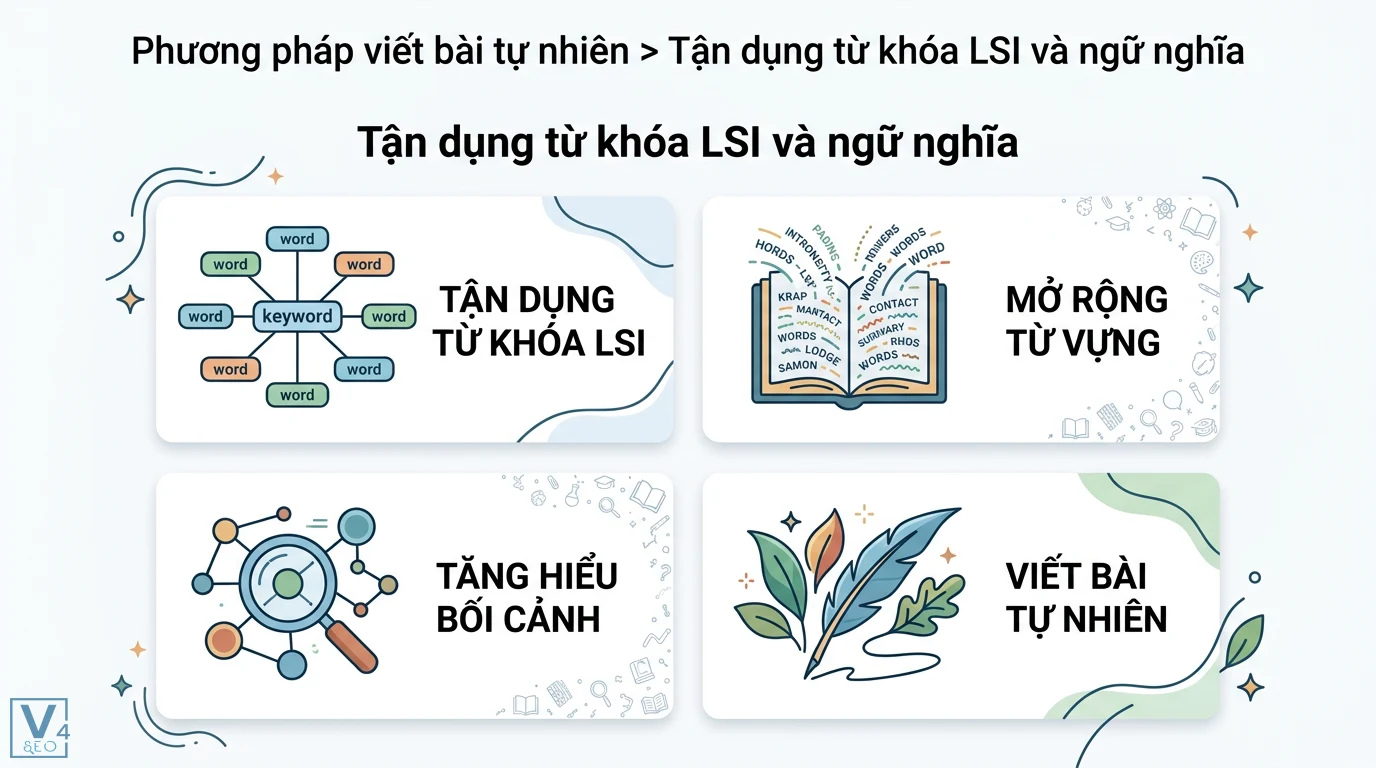 Phương pháp viết bài SEO mà không nhồi nhét từ khóa chuẩn ngữ nghĩa 2 Tận dụng từ khóa LSI và ngữ nghĩa để mở rộng vốn từ vựng, tăng hiểu bối cảnh giúp viết bài tự nhiên và tối ưu Semantic SEO chuyên sâu