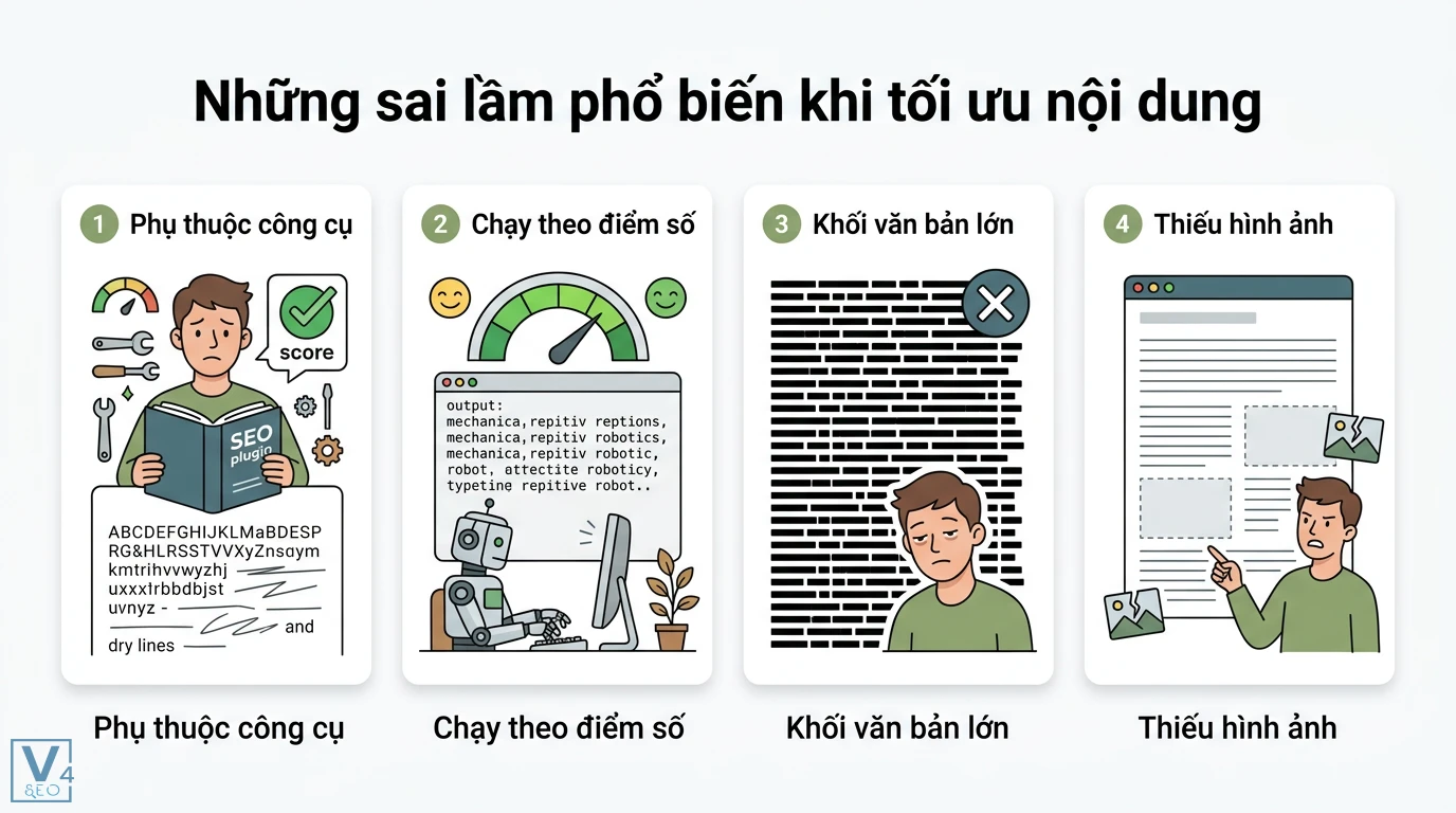 Phương pháp viết bài SEO mà không nhồi nhét từ khóa chuẩn ngữ nghĩa 3 Sai lầm khi tối ưu nội dung như phụ thuộc công cụ SEO, chạy theo điểm số, nội dung văn bản quá dài và thiếu các yếu tố trực quan cho người dùng