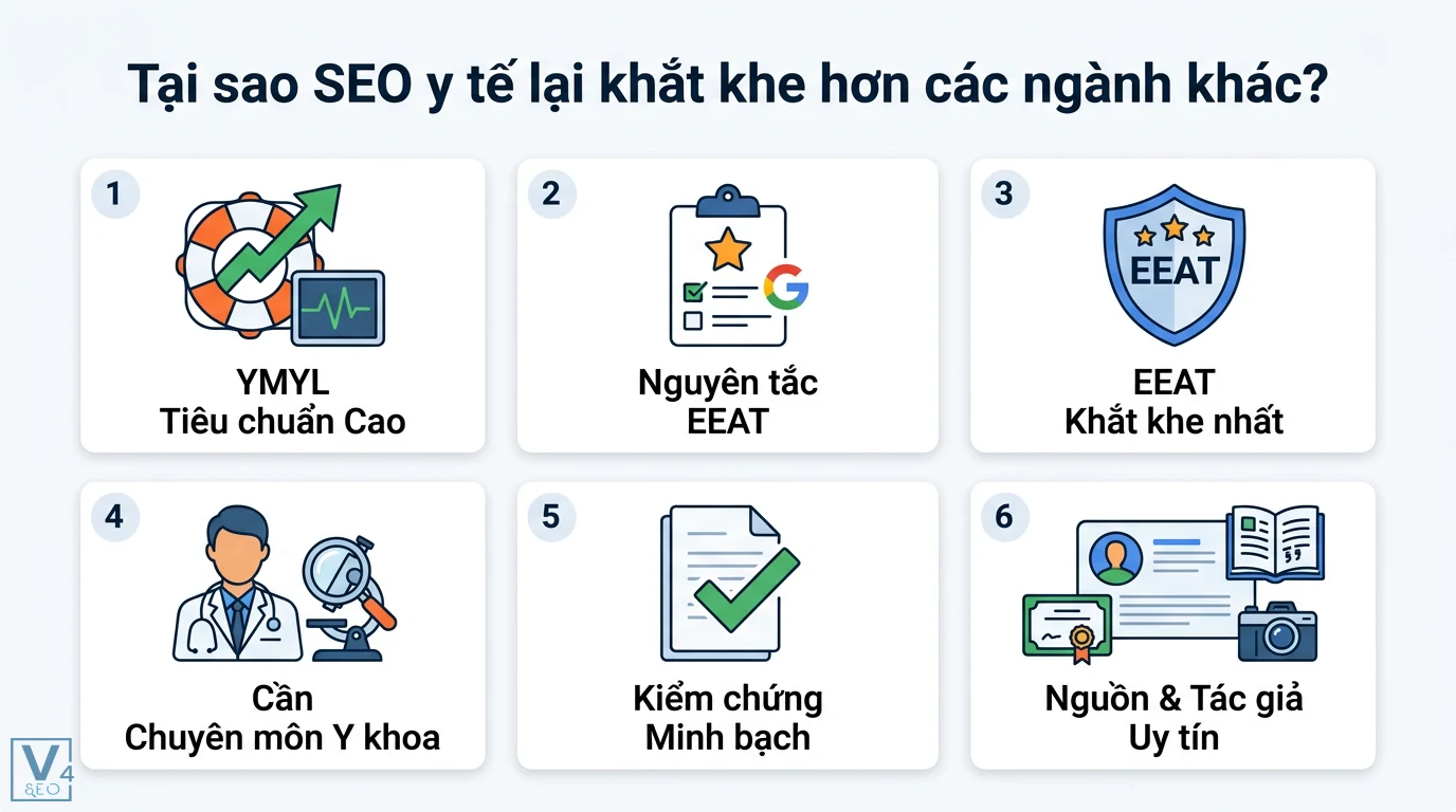 Phương pháp viết Content SEO cho ngành y tế, chăm sóc sức khỏe 1 Tiêu chuẩn SEO y tế khắt khe theo YMYL và EEAT đòi hỏi chuyên môn y khoa, thông tin kiểm chứng minh bạch cùng nguồn và tác giả uy tín