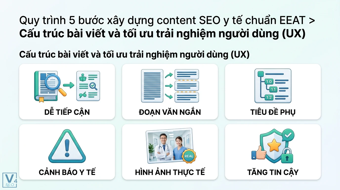 Phương pháp viết Content SEO cho ngành y tế, chăm sóc sức khỏe 2 Tối ưu cấu trúc bài viết SEO y tế chuẩn EEAT và UX qua tiêu đề phụ, đoạn văn ngắn, cảnh báo y tế, hình ảnh thực tế giúp tăng độ tin cậy