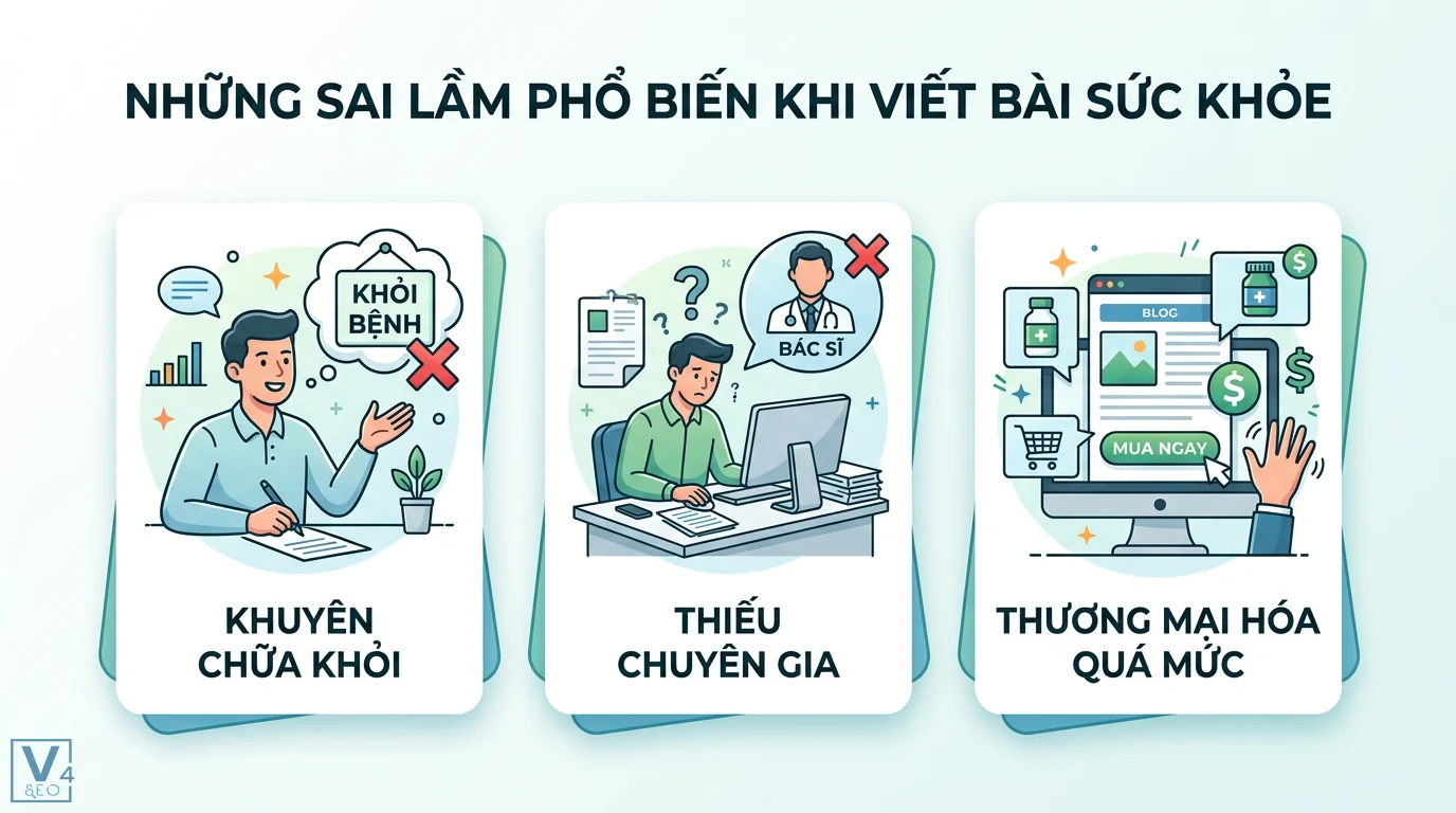 Phương pháp viết Content SEO cho ngành y tế, chăm sóc sức khỏe 3 Sai lầm phổ biến khi viết bài sức khỏe gồm khẳng định chữa khỏi bệnh, thiếu tham vấn chuyên gia và thương mại hóa nội dung blog quá mức
