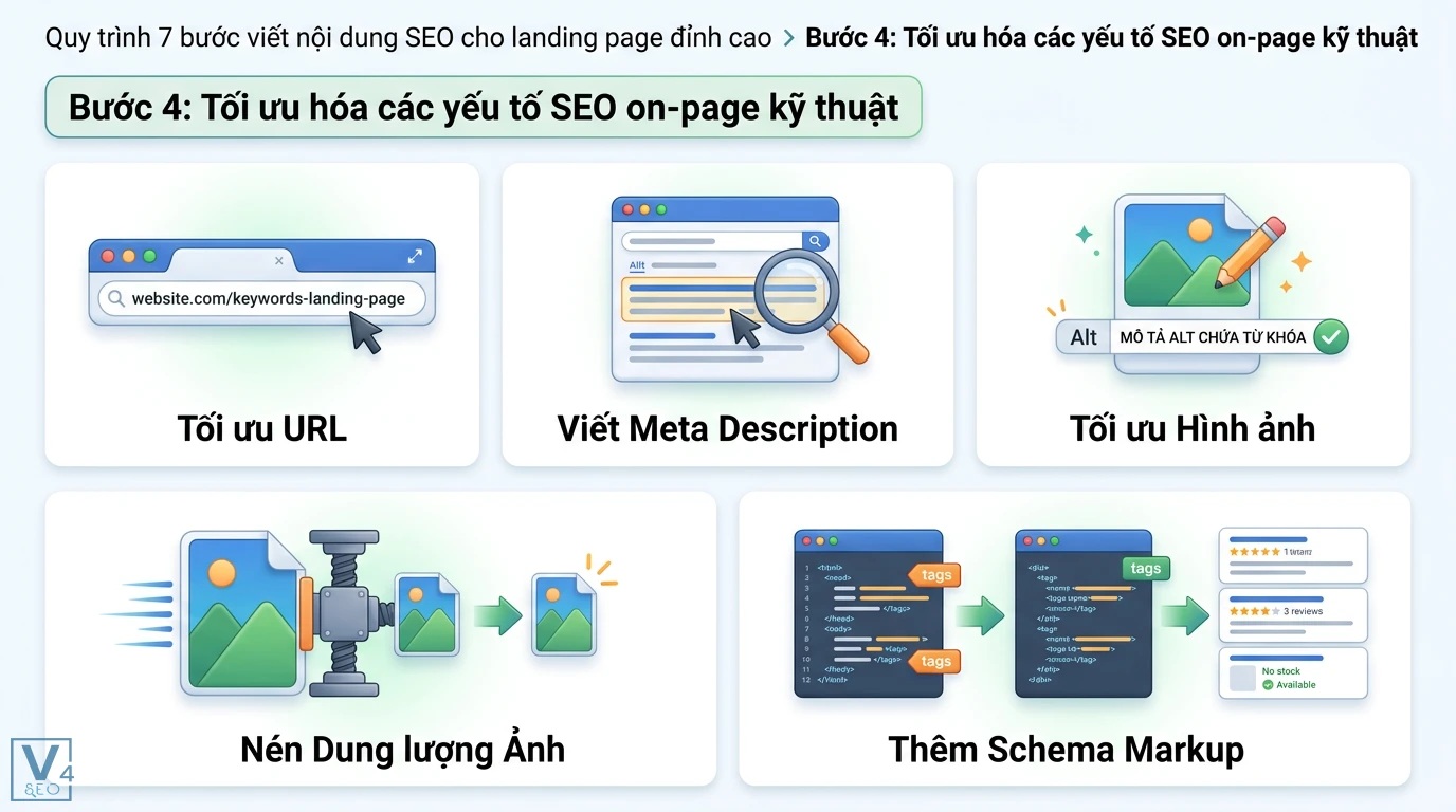 Phương pháp viết nội dung SEO cho Landing Page: Lên Top & Tăng Chuyển Đổi 2 Tối ưu SEO on-page kỹ thuật cho landing page qua chuẩn hóa URL, thẻ Meta Description, thẻ Alt, nén dung lượng ảnh và mã Schema Markup