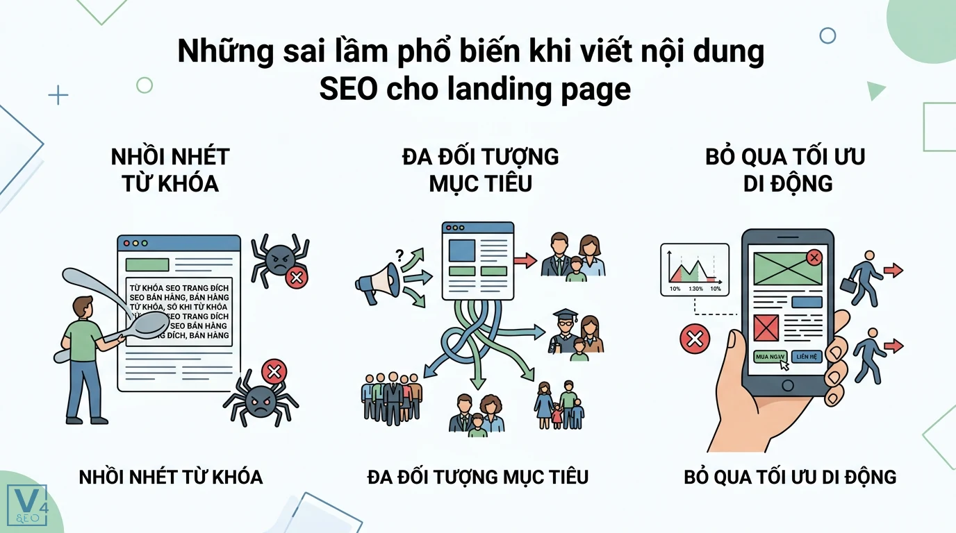 Phương pháp viết nội dung SEO cho Landing Page: Lên Top & Tăng Chuyển Đổi 3 Những sai lầm SEO landing page như nhồi nhét từ khóa, nhắm đa đối tượng mục tiêu và thiếu tối ưu hóa di động làm giảm tỷ lệ chuyển đổi