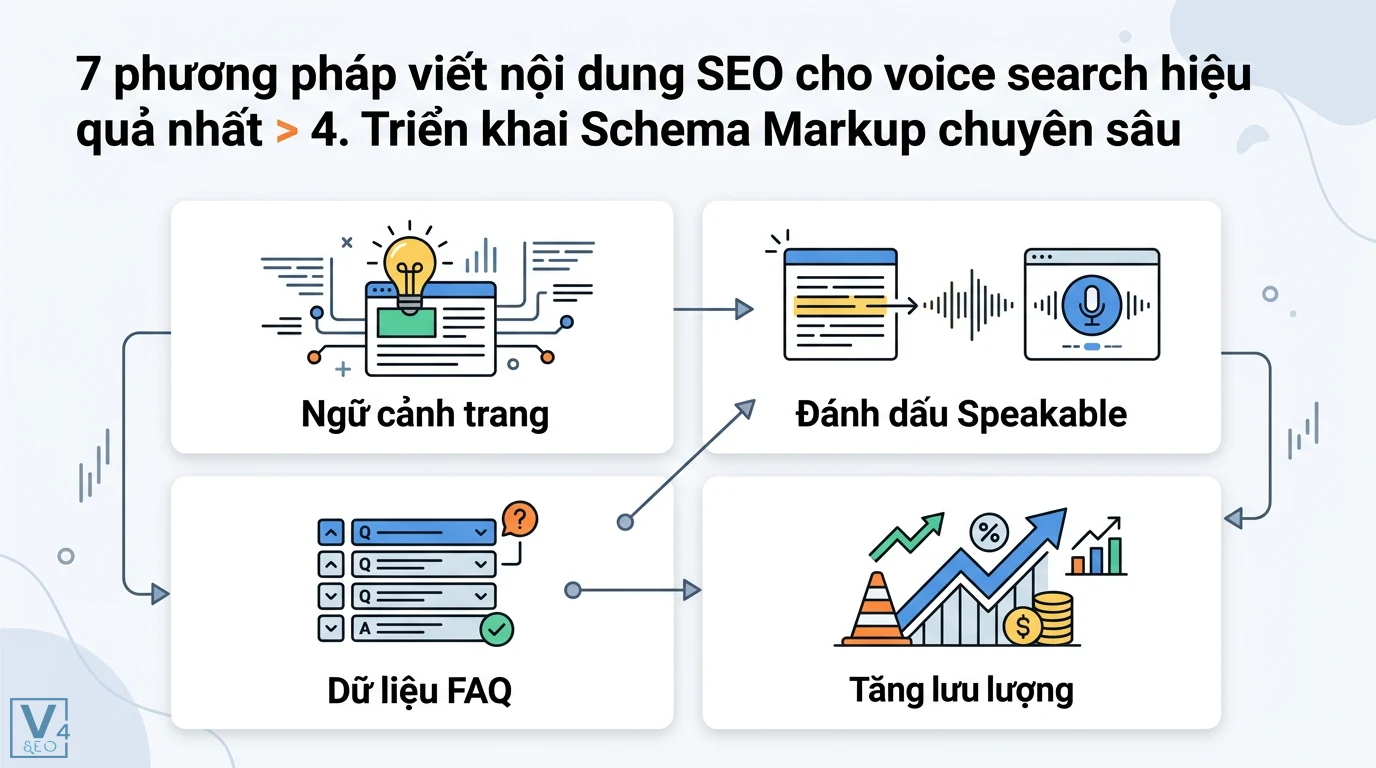 Phương pháp viết nội dung SEO cho voice search (tìm kiếm bằng giọng nói) 2 Triển khai Schema Markup chuyên sâu cho voice search thông qua Ngữ cảnh trang, Đánh dấu Speakable và Dữ liệu FAQ nhằm tăng lưu lượng tự nhiên