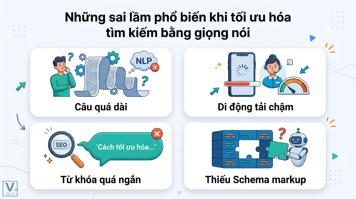 Phương pháp viết nội dung SEO cho voice search (tìm kiếm bằng giọng nói) 3 Sai lầm tối ưu hóa tìm kiếm bằng giọng nói gồm viết câu quá dài, tốc độ di động chậm, từ khóa ngắn và thiếu khai báo Schema markup