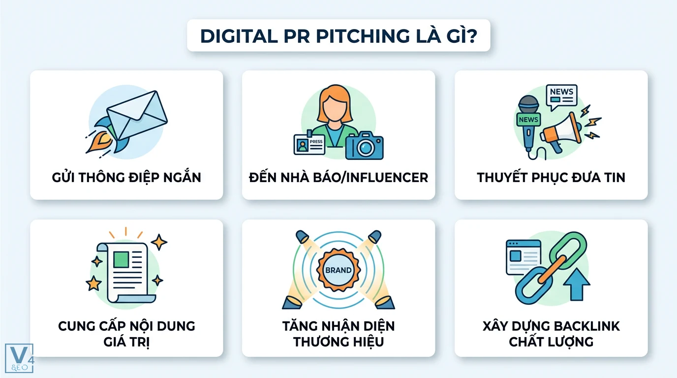 Pitch Digital PR là gì? Phân biệt pitching dự án và cách gửi báo chí 1 Digital PR Pitching gửi thông điệp đến nhà báo nhằm thuyết phục đưa tin, cung cấp nội dung giá trị giúp tăng nhận diện và xây dựng backlink