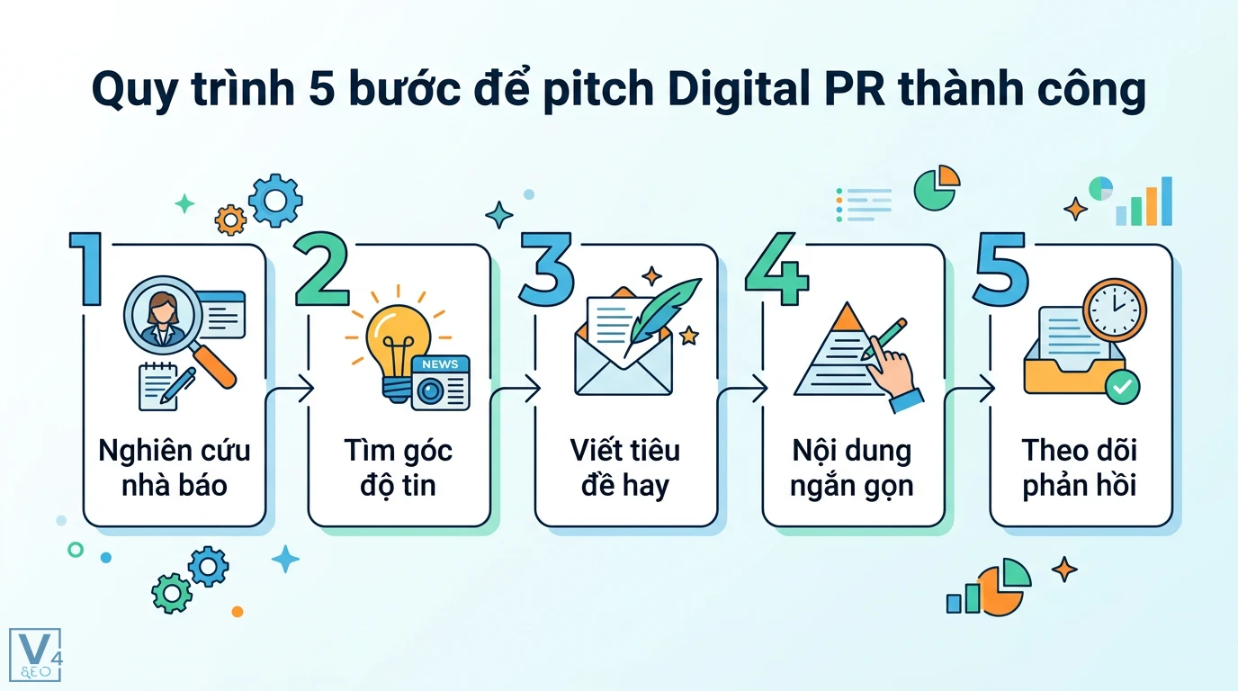 Pitch Digital PR là gì? Phân biệt pitching dự án và cách gửi báo chí 2 Quy trình 5 bước pitch Digital PR gồm nghiên cứu nhà báo, tìm góc độ tin, viết tiêu đề hay, nội dung ngắn gọn và theo dõi phản hồi báo chí