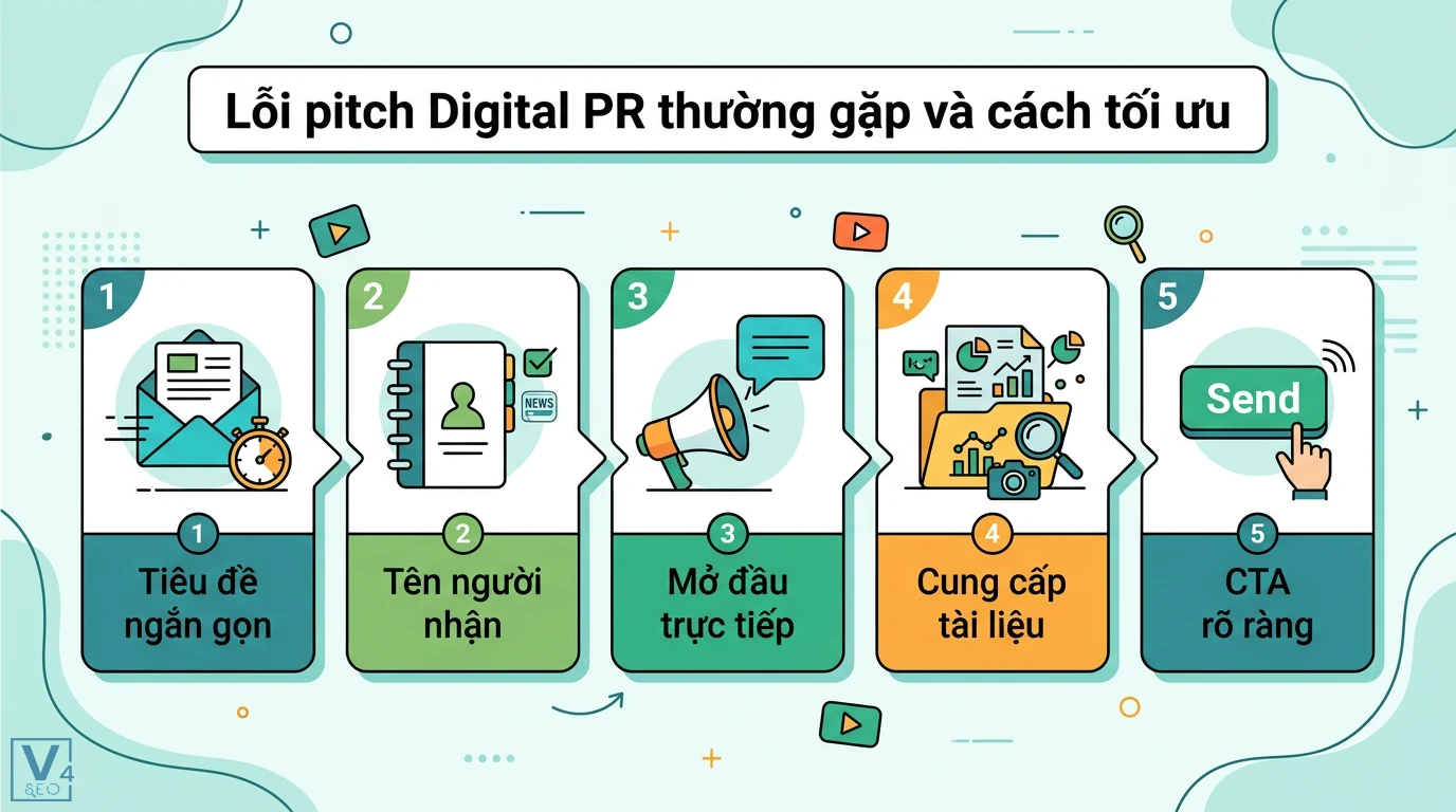 Pitch Digital PR là gì? Phân biệt pitching dự án và cách gửi báo chí 3 Cách tối ưu pitch Digital PR qua tiêu đề ngắn gọn, tên người nhận, mở đầu trực tiếp, cung cấp tài liệu đầy đủ và CTA rõ ràng