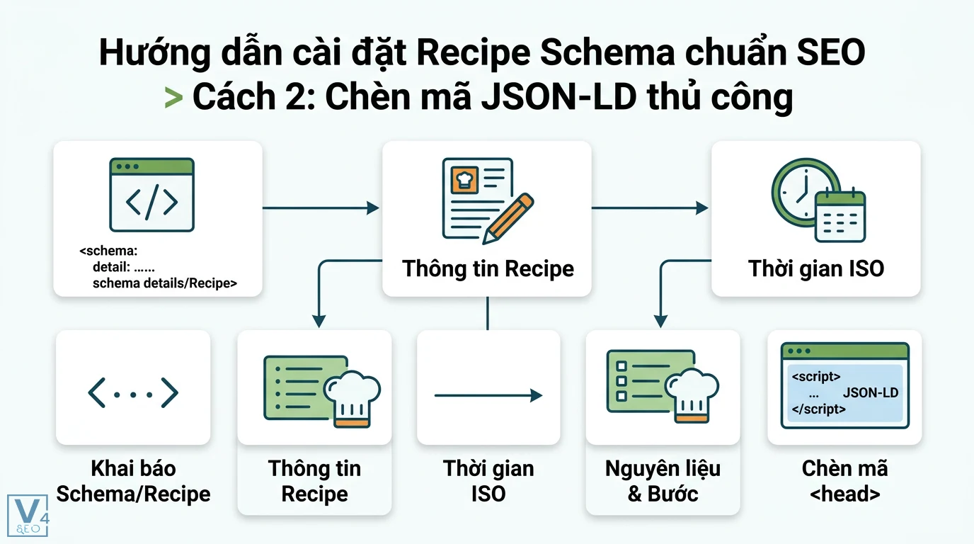 Recipe Schema: Quy tắc & ví dụ chi tiết để hiển thị Rich Snippet 2 Quy trình cài đặt Recipe Schema thủ công bằng JSON-LD bao gồm khai báo dữ liệu, định dạng thời gian ISO và chèn mã vào thẻ head chuẩn SEO
