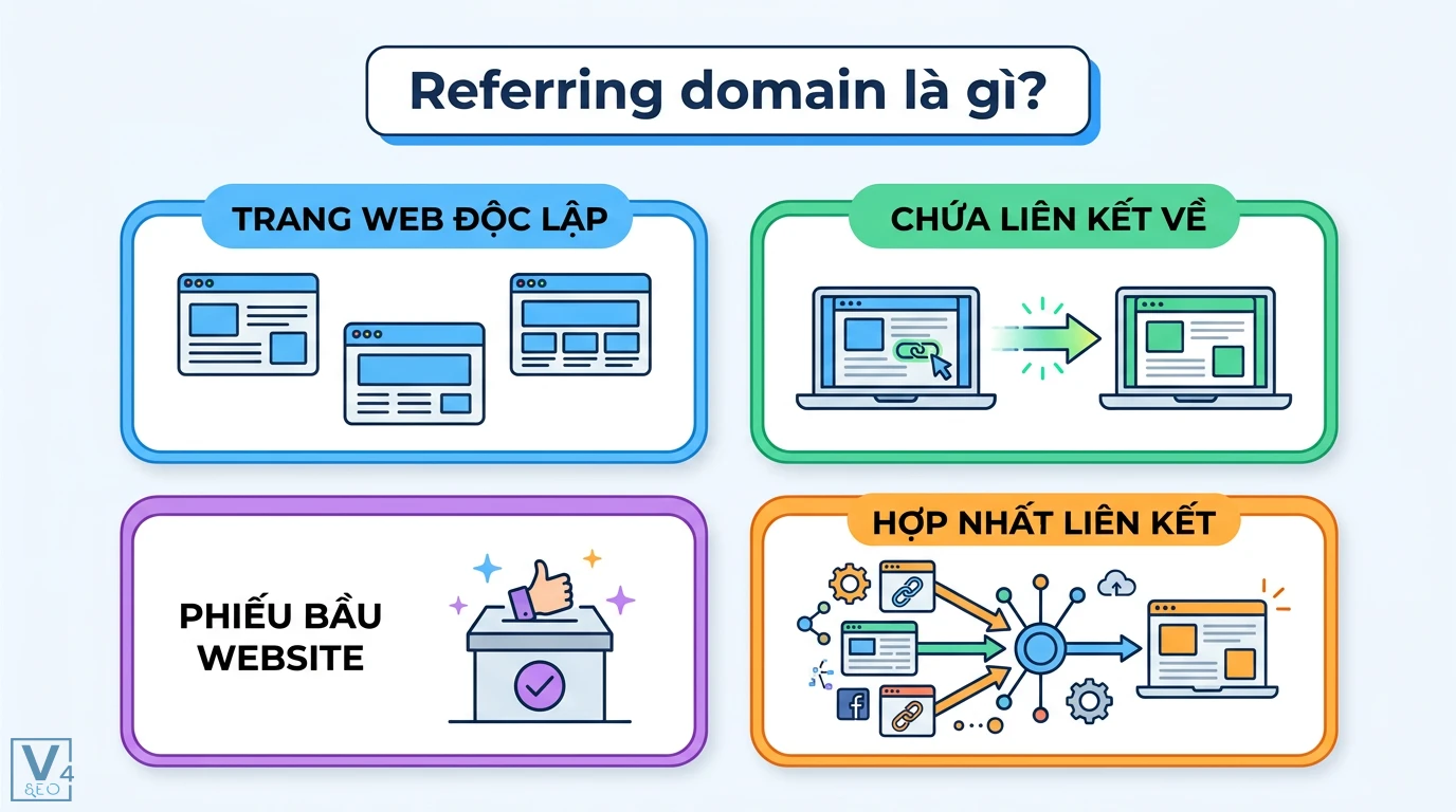 Referring domain là gì? Cách phân biệt và tối ưu liên kết 2026 1 Referring domain là các trang web độc lập chứa liên kết trỏ về website, đóng vai trò như phiếu bầu giúp hệ thống hợp nhất các liên kết về một