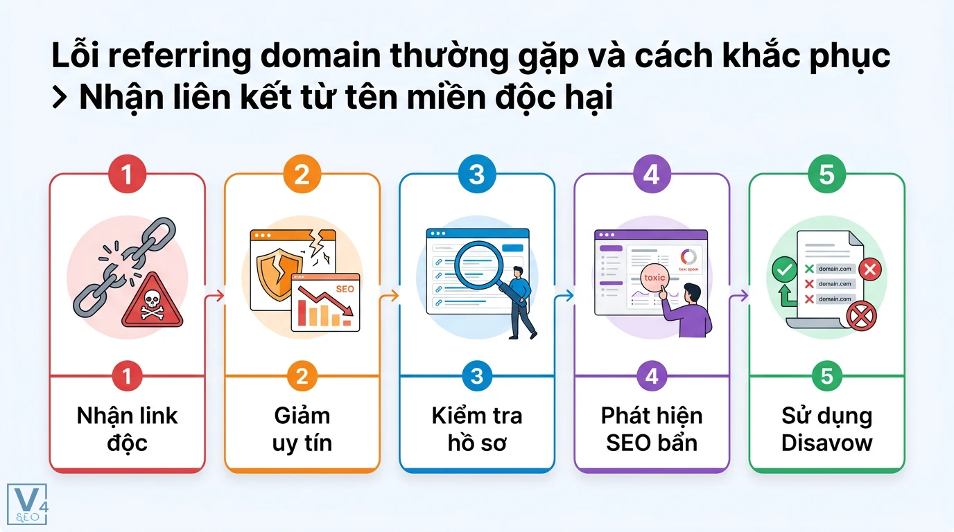 Referring domain là gì? Cách phân biệt và tối ưu liên kết 2026 3 Xử lý liên kết từ tên miền độc hại gây giảm uy tín website bằng cách kiểm tra hồ sơ link bẩn và sử dụng công cụ Google Disavow Links