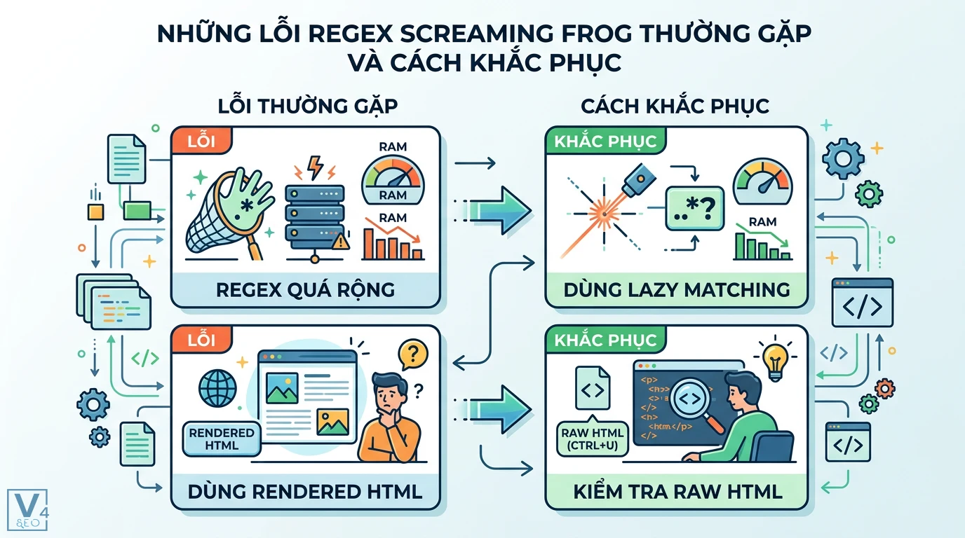 Regex Screaming Frog là gì? Cách dùng Custom Extraction chi tiết 3 Lỗi Regex Screaming Frog quá rộng gây tốn RAM và cách dùng lazy matching cùng việc kiểm tra Raw HTML thay vì Rendered HTML để crawl dữ liệu