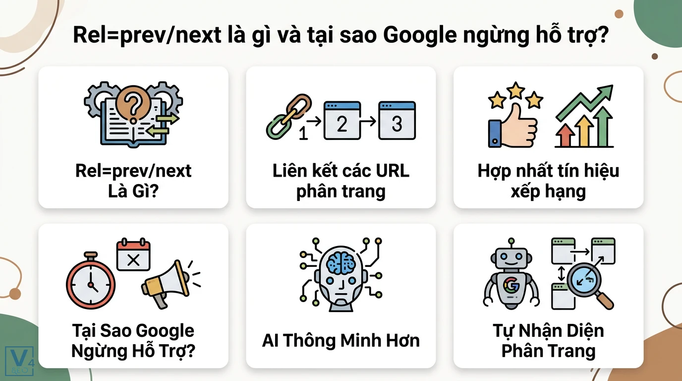 rel prev/next (không còn dùng để index) là gì? Cách tối ưu 2026 1 Rel=prev/next liên kết URL phân trang, hợp nhất tín hiệu xếp hạng và lý do Google ngừng hỗ trợ nhờ AI thông minh tự nhận diện phân trang