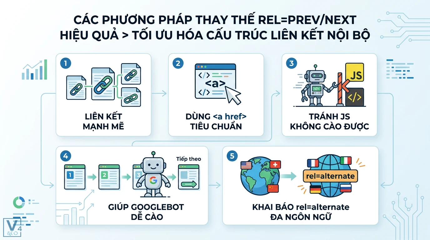 rel prev/next (không còn dùng để index) là gì? Cách tối ưu 2026 2 Tối ưu liên kết nội bộ bằng thẻ a href tiêu chuẩn giúp Googlebot cào dữ liệu và khai báo rel=alternate đa ngôn ngữ thay thế rel=prev/next