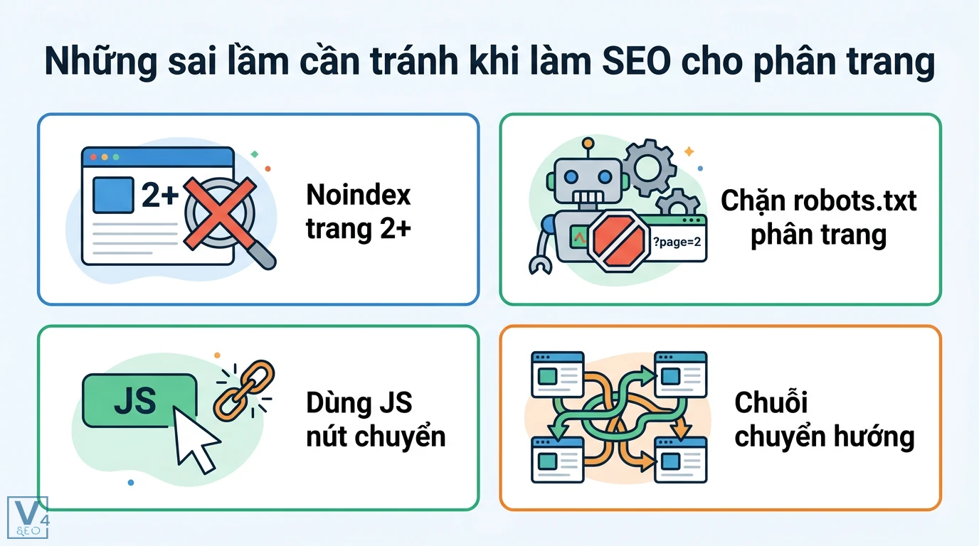 rel prev/next (không còn dùng để index) là gì? Cách tối ưu 2026 3 Sai lầm SEO phân trang phổ biến gồm cài thẻ noindex trang 2+, chặn robots.txt, dùng JavaScript cho nút chuyển và tạo chuỗi chuyển hướng