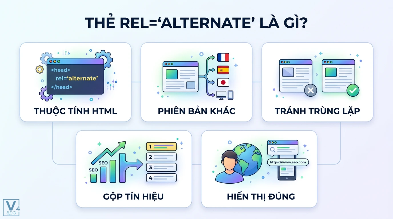 rel=alternate là gì? Cách dùng thẻ alternate cho SEO đa ngôn ngữ 1 Thẻ rel alternate trong HTML head khai báo phiên bản khác, tránh trùng lặp, gộp tín hiệu SEO và hiển thị đúng URL cho người dùng