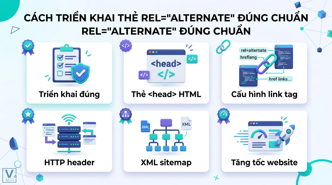 rel=alternate là gì? Cách dùng thẻ alternate cho SEO đa ngôn ngữ 2 Cách triển khai thẻ rel="alternate" đúng chuẩn qua HTML head, link tag, HTTP header và XML sitemap nhằm tối ưu SEO và tăng tốc độ website
