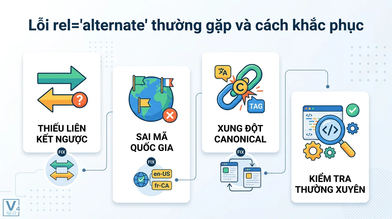 rel=alternate là gì? Cách dùng thẻ alternate cho SEO đa ngôn ngữ 3 Lỗi rel alternate thường gặp như thiếu liên kết ngược, sai mã quốc gia, xung đột canonical và cách khắc phục bằng kiểm tra mã nguồn định kỳ