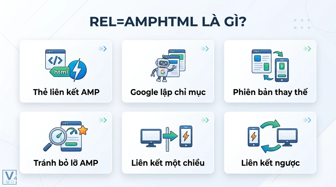 rel=amphtml là gì? Cách triển khai chuẩn và cập nhật năm 2026 1 rel=amphtml giúp Google lập chỉ mục phiên bản thay thế AMP qua cơ chế liên kết một chiều và liên kết ngược giữa trang gốc và di động