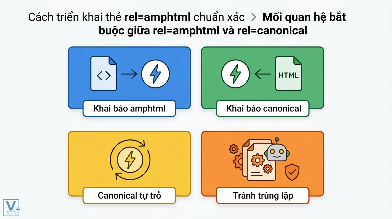 rel=amphtml là gì? Cách triển khai chuẩn và cập nhật năm 2026 2 Cách khai báo thẻ rel=amphtml và rel=canonical giữa trang HTML với AMP cùng kỹ thuật canonical tự trỏ để tối ưu SEO tránh trùng lặp nội dung