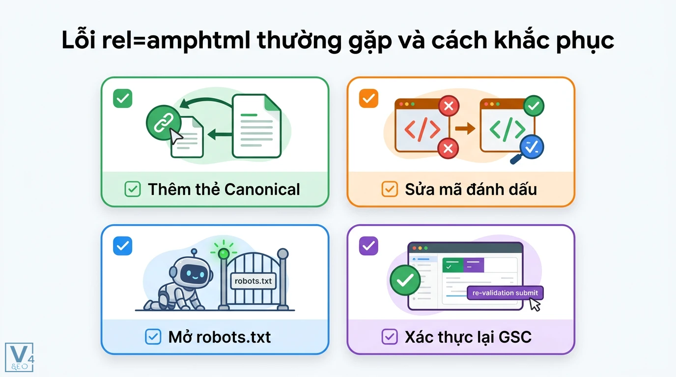 rel=amphtml là gì? Cách triển khai chuẩn và cập nhật năm 2026 3 Khắc phục lỗi rel=amphtml thường gặp gồm thêm thẻ canonical, sửa mã đánh dấu, mở robots.txt và xác thực lại trên Google Search Console