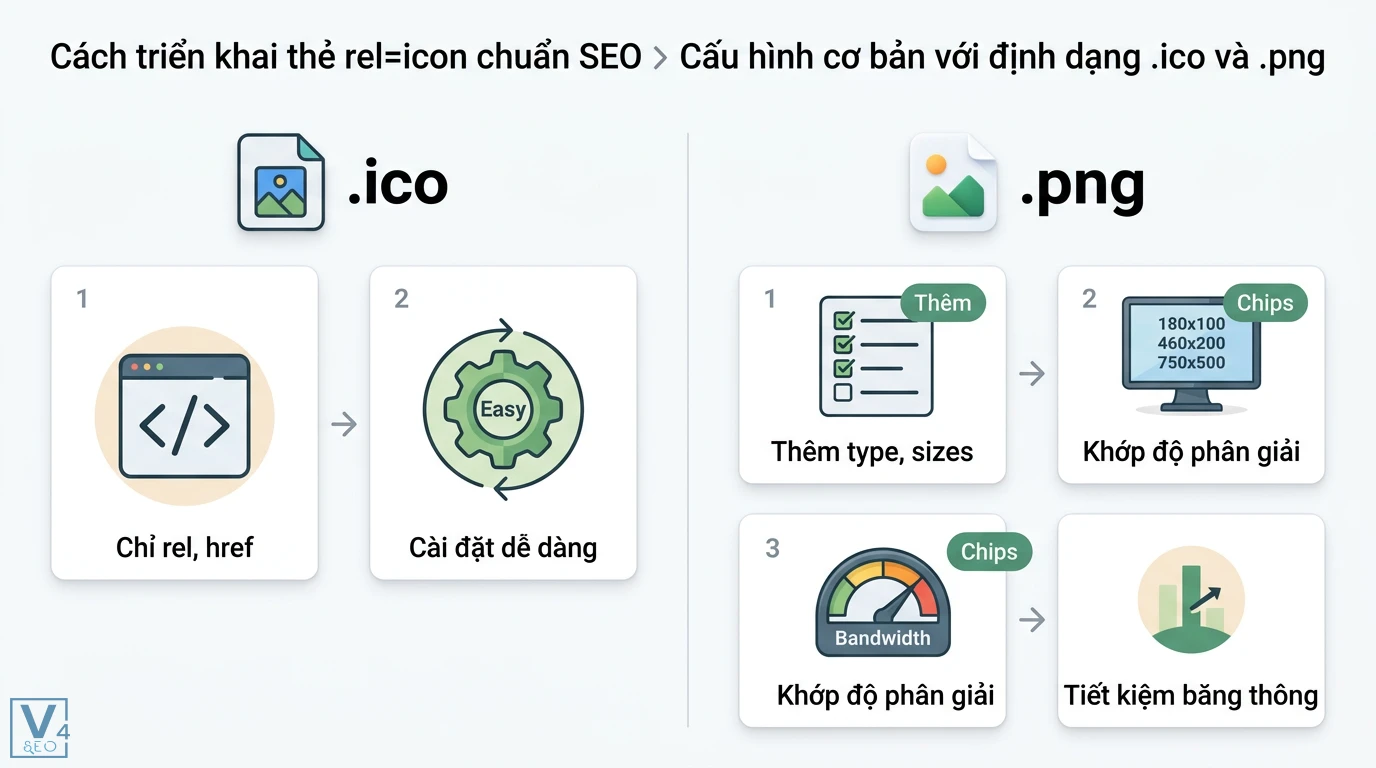 rel=icon là gì? Hướng dẫn cài đặt Favicon và mã HTML chuẩn SEO 2 Triển khai thẻ rel=icon với .ico qua rel, href và .png cần bổ sung type, sizes giúp khớp độ phân giải màn hình và tối ưu băng thông website