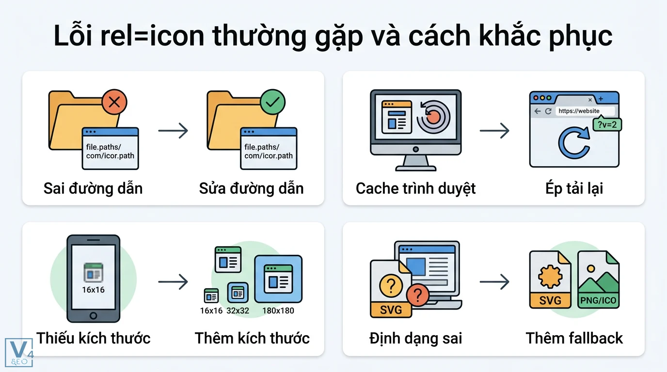 rel=icon là gì? Hướng dẫn cài đặt Favicon và mã HTML chuẩn SEO 3 Cách khắc phục lỗi rel=icon qua việc sửa đường dẫn, ép tải lại cache, bổ sung đa dạng kích thước và định dạng fallback SVG PNG ICO