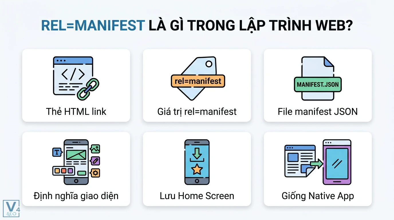 rel=manifest là gì? Cách dùng manifest.json tối ưu cho PWA 1 rel=manifest là giá trị thẻ HTML link kết nối file manifest.json giúp định nghĩa giao diện, lưu Home Screen và hoạt động giống Native App