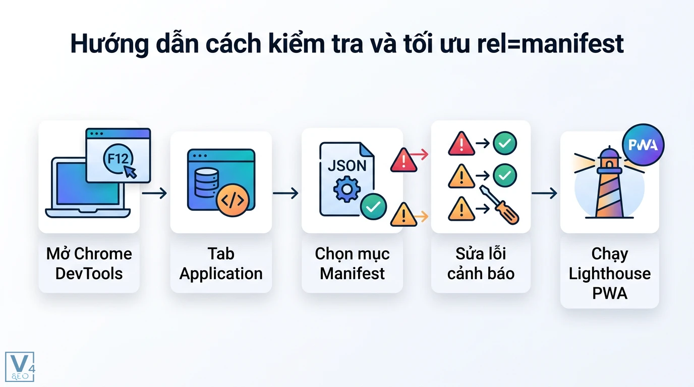rel=manifest là gì? Cách dùng manifest.json tối ưu cho PWA 2 Cách kiểm tra và tối ưu rel=manifest bằng Chrome DevTools, tab Application, mục Manifest, sửa lỗi cảnh báo và chạy báo cáo Lighthouse PWA