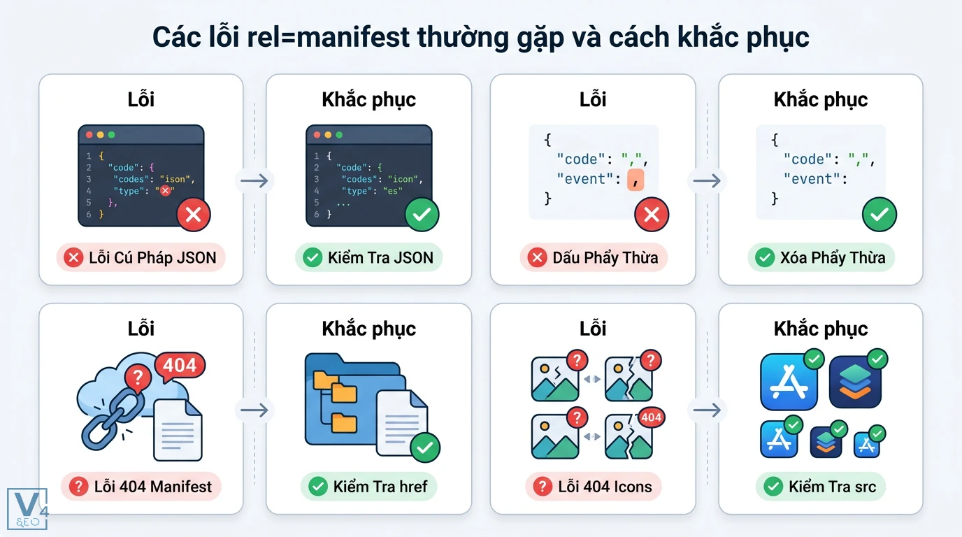 rel=manifest là gì? Cách dùng manifest.json tối ưu cho PWA 3 Khắc phục lỗi rel=manifest thường gặp gồm sai cú pháp JSON, thừa dấu phẩy, lỗi 404 manifest và icon bằng cách kiểm tra thuộc tính href, src