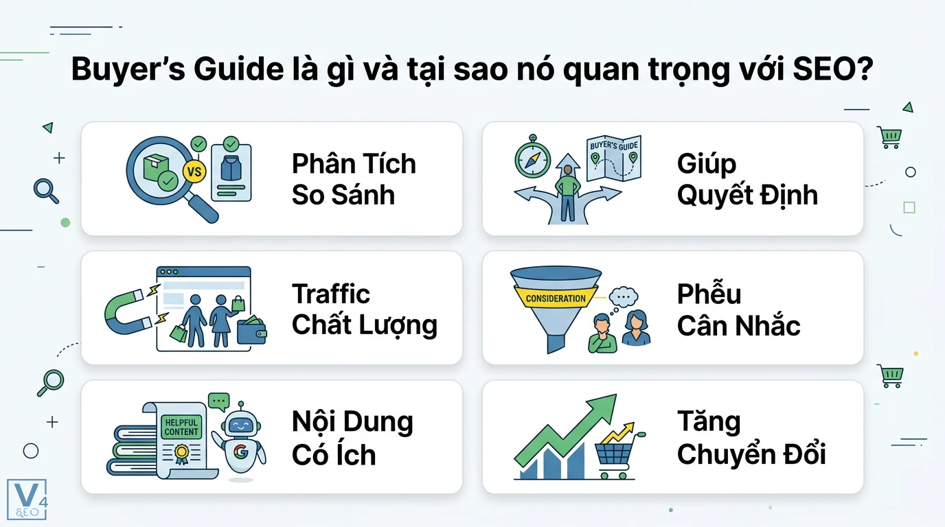 Sáng tạo nội dung hướng dẫn mua hàng (Buyer’s Guide) chuẩn SEO 1 Buyer’s Guide hỗ trợ phân tích so sánh giúp quyết định mua sắm, tăng traffic chất lượng, tối ưu phễu cân nhắc và chuyển đổi nhờ nội dung có ích