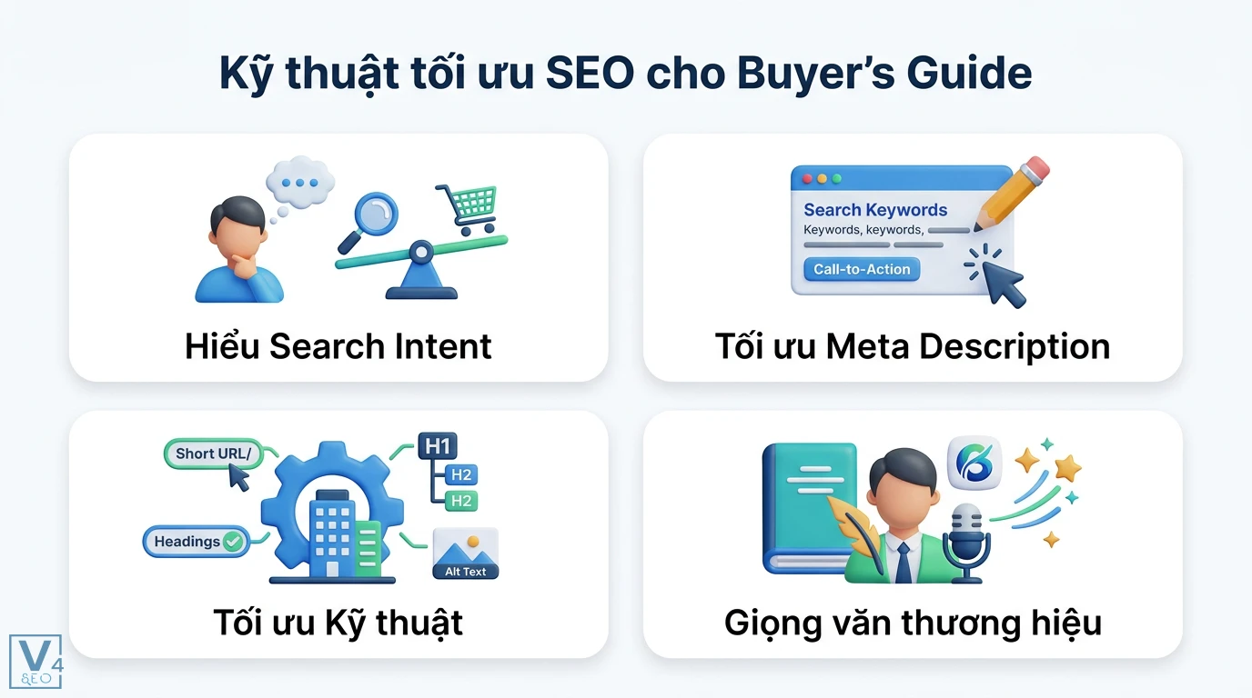 Sáng tạo nội dung hướng dẫn mua hàng (Buyer’s Guide) chuẩn SEO 2 Kỹ thuật SEO cho Buyer’s Guide qua Search Intent, Meta Description, Short URL, thẻ Heading, Alt Text và giọng văn thương hiệu