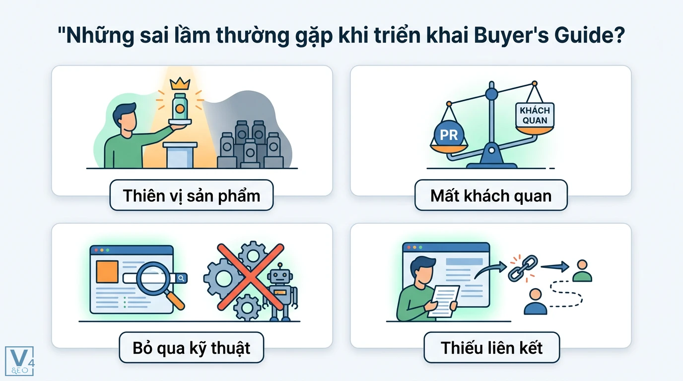 Sáng tạo nội dung hướng dẫn mua hàng (Buyer’s Guide) chuẩn SEO 3 Sai lầm khi triển khai Buyer's Guide gồm thiên vị sản phẩm, mất tính khách quan, bỏ qua tiêu chí kỹ thuật và thiếu liên kết nội bộ