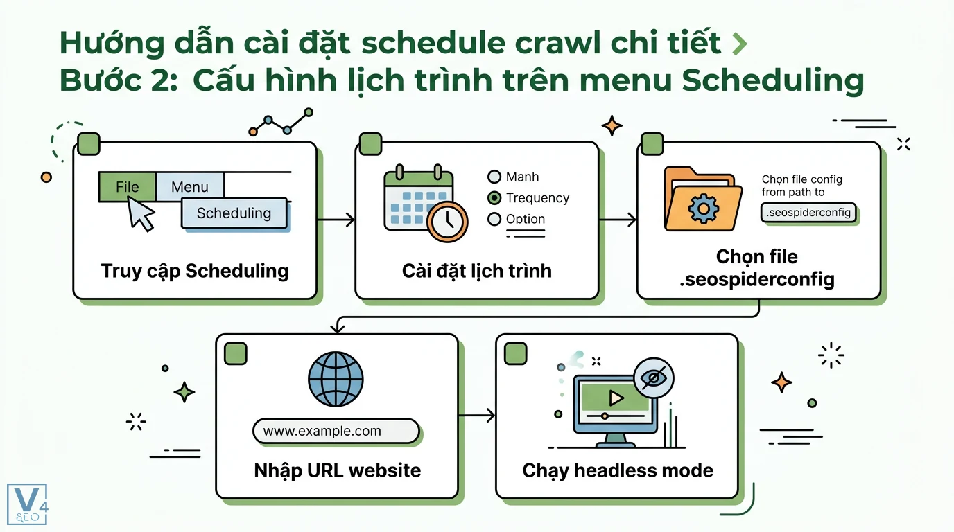 Schedule crawl Screaming Frog là gì? Tự động hóa Technical SEO 2 Cấu hình lịch trình trên menu Scheduling gồm thiết lập tần suất quét, chọn file .seospiderconfig, nhập URL website và chạy headless mode