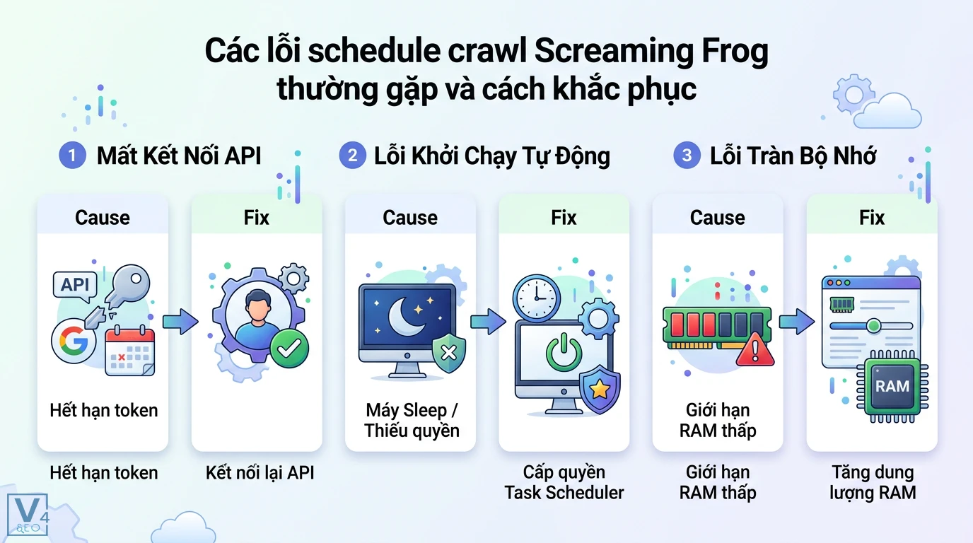 Schedule crawl Screaming Frog là gì? Tự động hóa Technical SEO 3 Các lỗi schedule crawl Screaming Frog và cách khắc phục gồm kết nối lại API, cấp quyền Task Scheduler và tăng dung lượng RAM xử lý tràn bộ nhớ