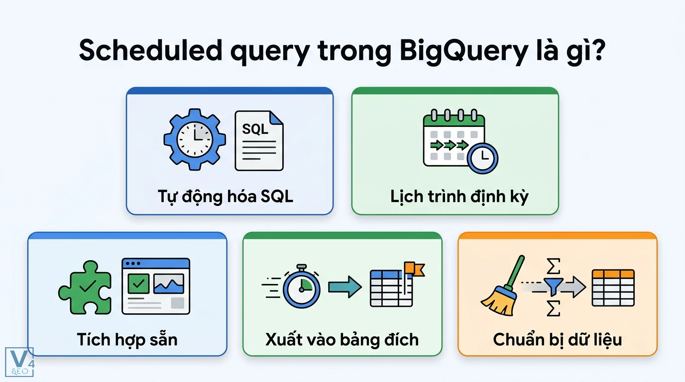 Scheduled query BigQuery là gì? Hướng dẫn tự động hóa và tối ưu 1 Scheduled query trong BigQuery tự động hóa thực thi SQL theo lịch trình định kỳ xuất kết quả vào bảng đích để chuẩn bị và làm sạch dữ liệu