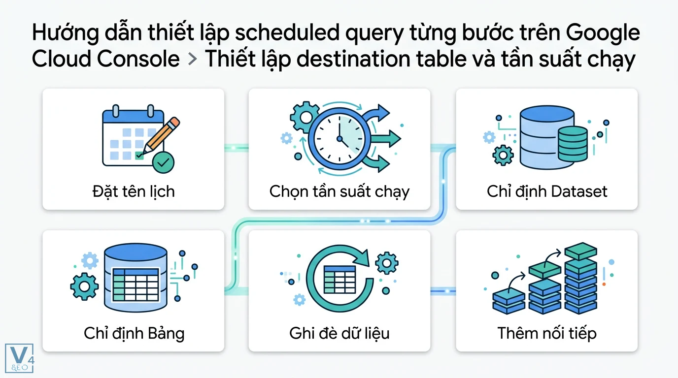 Scheduled query BigQuery là gì? Hướng dẫn tự động hóa và tối ưu 2 Thiết lập scheduled query gồm đặt tên, chọn tần suất chạy, chỉ định dataset, bảng và phương thức ghi đè hoặc thêm nối tiếp dữ liệu