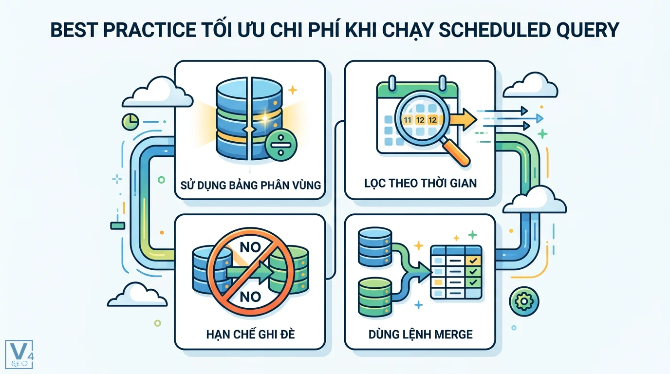 Scheduled query BigQuery là gì? Hướng dẫn tự động hóa và tối ưu 3 Tối ưu chi phí scheduled query bằng cách sử dụng bảng phân vùng, lọc theo thời gian, hạn chế ghi đè và dùng lệnh MERGE để cập nhật dữ liệu