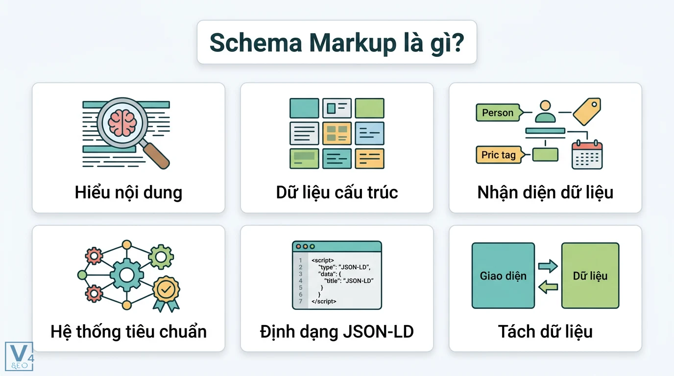 Schema Markup là gì? Lợi ích cho Content SEO trong kỷ nguyên AI 1 Schema Markup giúp hiểu nội dung và nhận diện dữ liệu cấu trúc qua định dạng JSON-LD nhằm tách biệt lớp dữ liệu với giao diện hiển thị