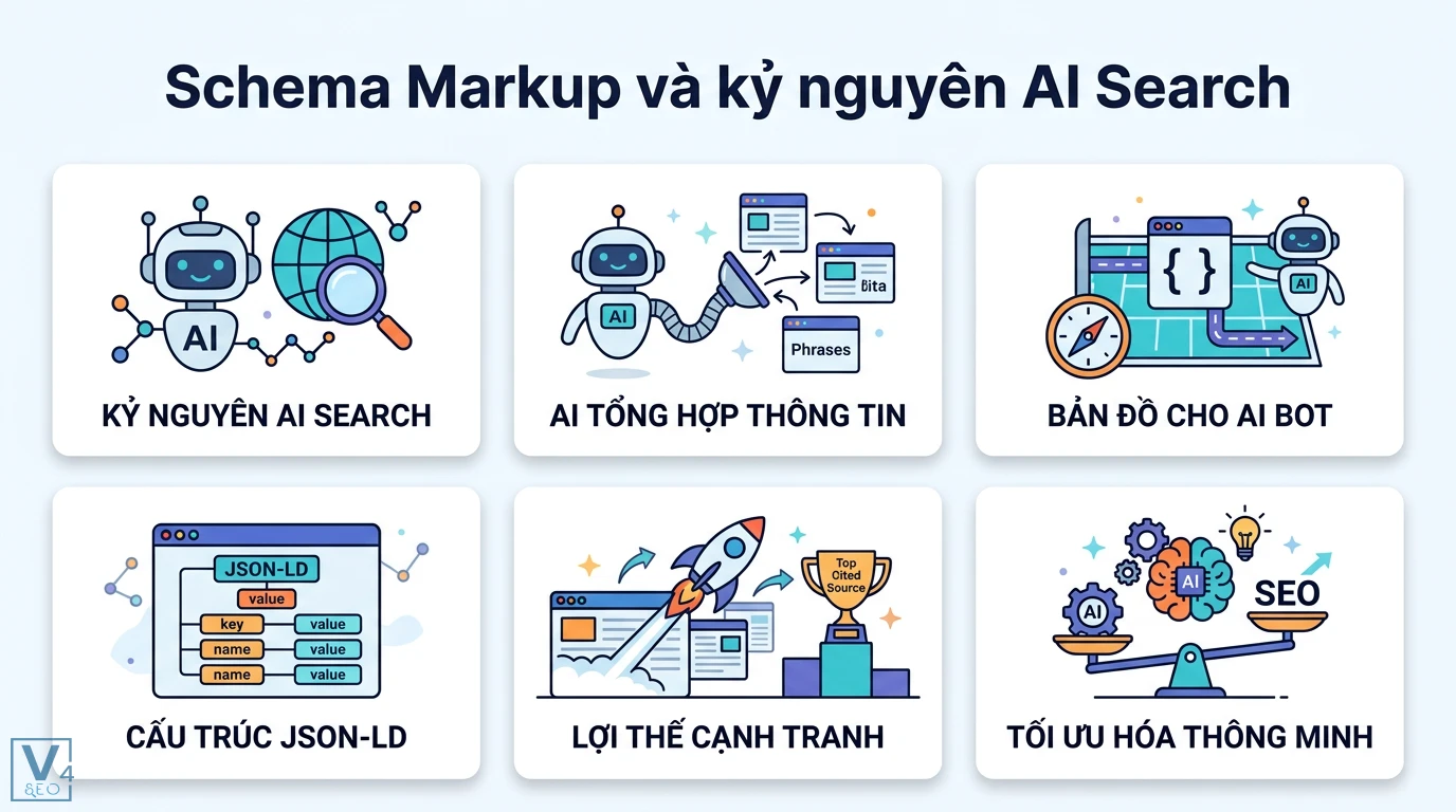 Schema Markup là gì? Lợi ích cho Content SEO trong kỷ nguyên AI 2 Schema Markup và JSON-LD là bản đồ cho AI bot tổng hợp thông tin, giúp tối ưu hóa dữ liệu và tạo lợi thế cạnh tranh trong kỷ nguyên AI Search