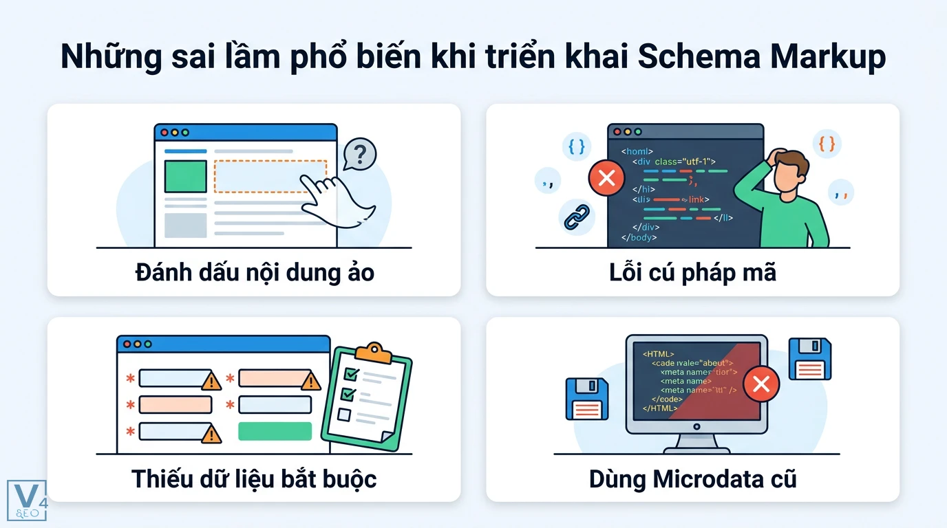 Schema Markup là gì? Lợi ích cho Content SEO trong kỷ nguyên AI 3 Sai lầm phổ biến khi triển khai Schema Markup gồm đánh dấu nội dung ảo, lỗi cú pháp mã, thiếu dữ liệu bắt buộc và sử dụng Microdata cũ