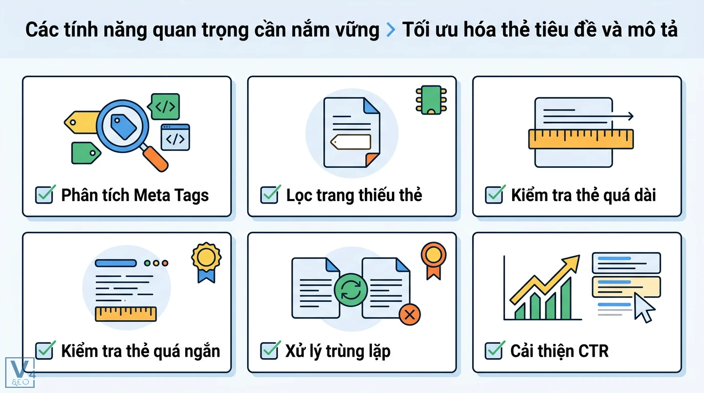 Screaming Frog là gì? Quy trình Audit Website chuyên sâu 2 Tối ưu hóa thẻ tiêu đề và mô tả thông qua phân tích Meta Tags, lọc trang thiếu thẻ, kiểm tra độ dài, xử lý trùng lặp và cải thiện tỷ lệ CTR