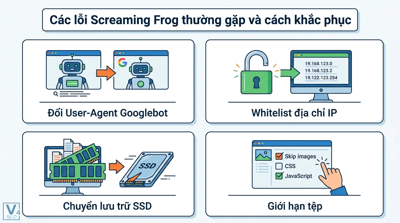 Screaming Frog là gì? Quy trình Audit Website chuyên sâu 3 Cách khắc phục lỗi Screaming Frog qua đổi User-Agent Googlebot, whitelist IP, chuyển lưu trữ SSD và giới hạn loại tệp CSS, JavaScript