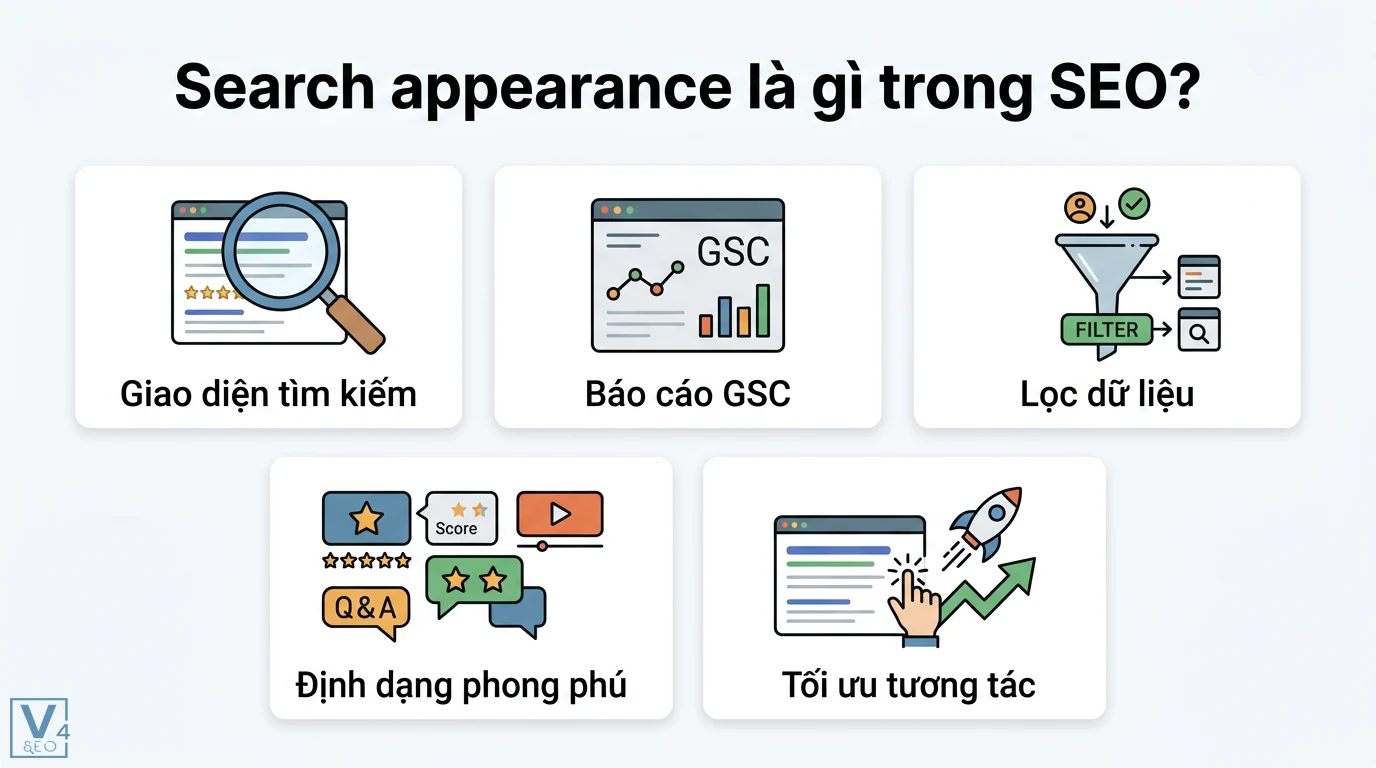 Search appearance là gì? Cách tối ưu hiển thị và tăng CTR hiệu quả 1 Search appearance trong SEO gồm giao diện tìm kiếm, báo cáo GSC, lọc dữ liệu và định dạng phong phú hỗ trợ tối ưu tương tác hiệu quả