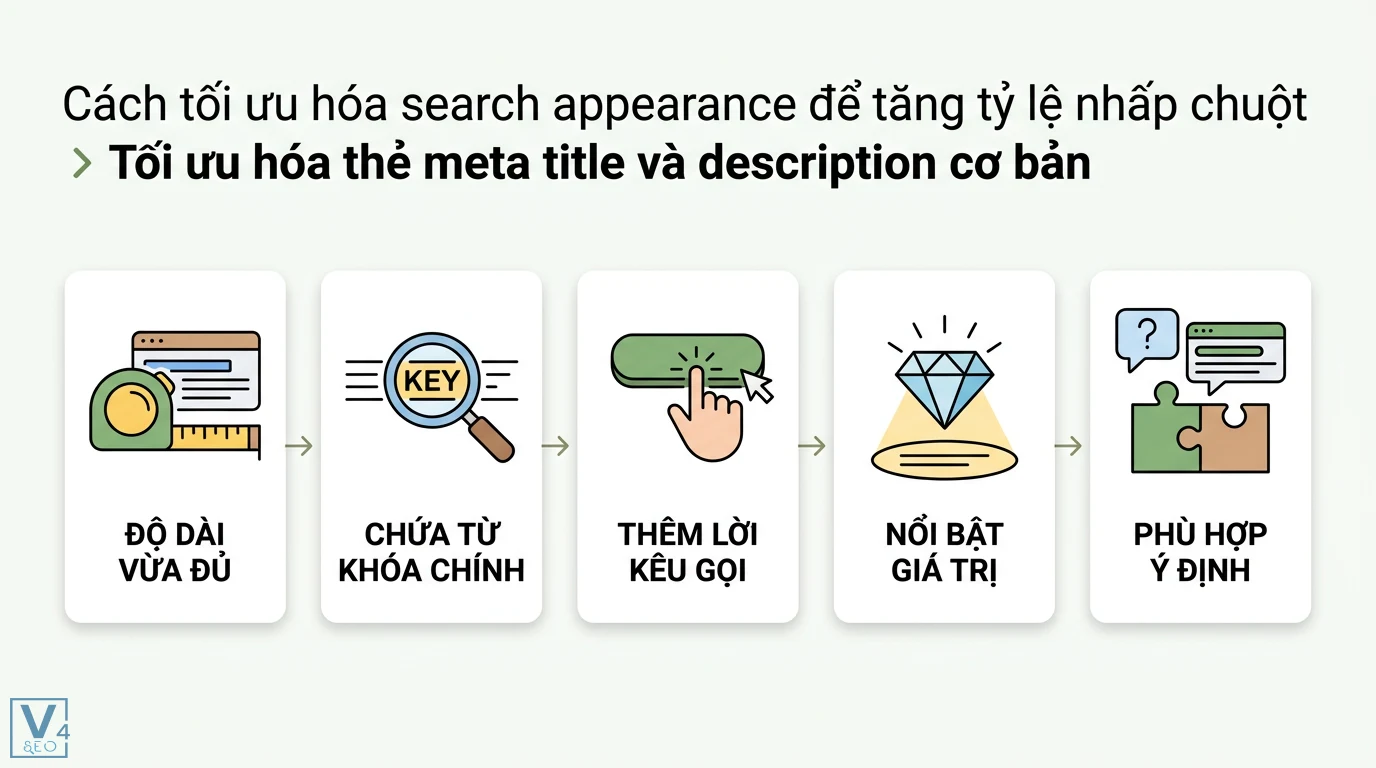 Search appearance là gì? Cách tối ưu hiển thị và tăng CTR hiệu quả 2 Tối ưu hóa thẻ meta title và description tăng tỷ lệ nhấp qua độ dài, từ khóa chính, lời kêu gọi, giá trị cốt lõi và phù hợp ý định tìm kiếm
