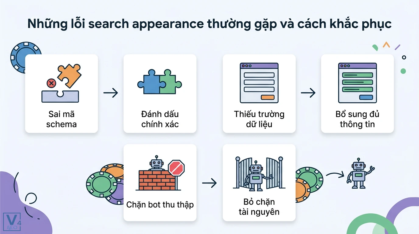 Search appearance là gì? Cách tối ưu hiển thị và tăng CTR hiệu quả 3 Khắc phục lỗi search appearance bằng việc sửa mã schema bổ sung đủ trường dữ liệu và bỏ chặn bot thu thập để tối ưu hiển thị trang web