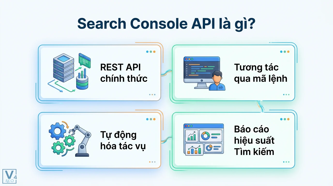 Search Console API là gì? Cách tự động hóa dữ liệu và báo cáo SEO 1 Search Console API là REST API chính thức giúp tương tác qua mã lệnh, tự động hóa tác vụ và quản lý báo cáo hiệu suất Tìm kiếm Google
