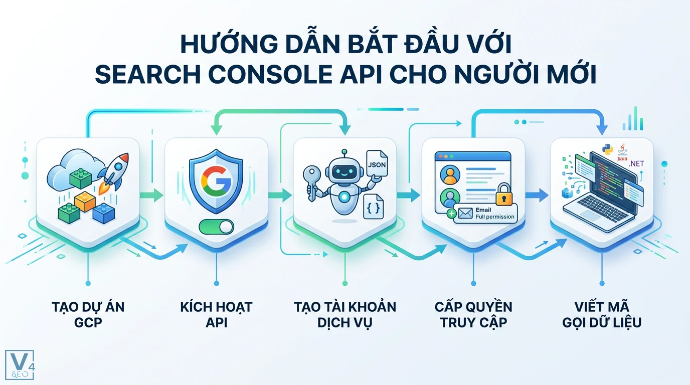 Search Console API là gì? Cách tự động hóa dữ liệu và báo cáo SEO 2 Các bước thiết lập Search Console API gồm tạo dự án GCP, kích hoạt API, tạo tài khoản dịch vụ JSON, cấp quyền và viết mã gọi dữ liệu